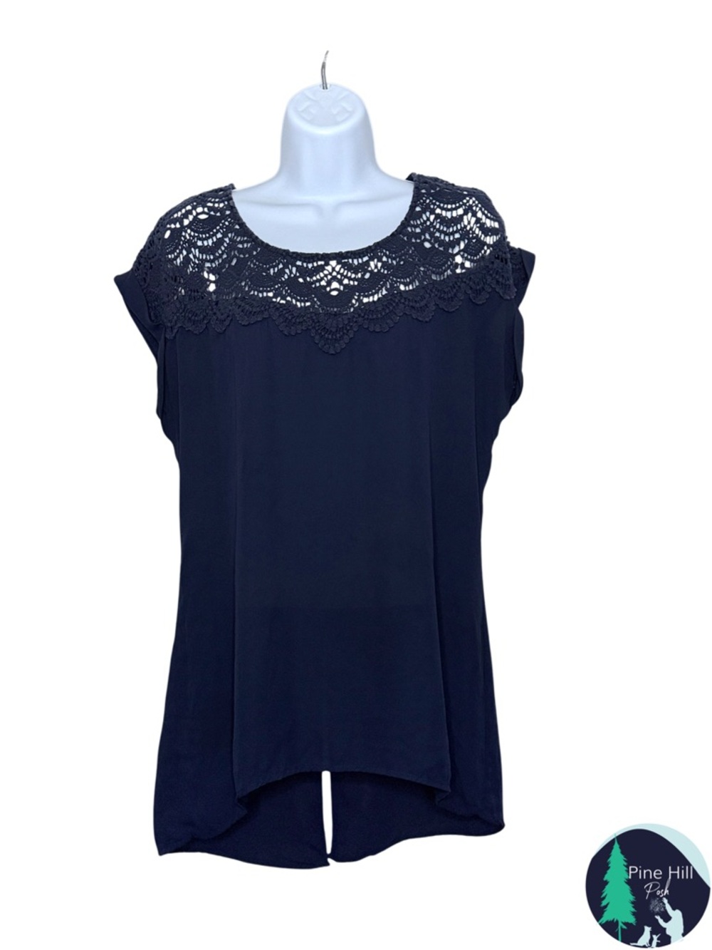 Maurices Lace Yoke Tunic Blouse Navy Sheer High Low Boho Romantic Top Size M